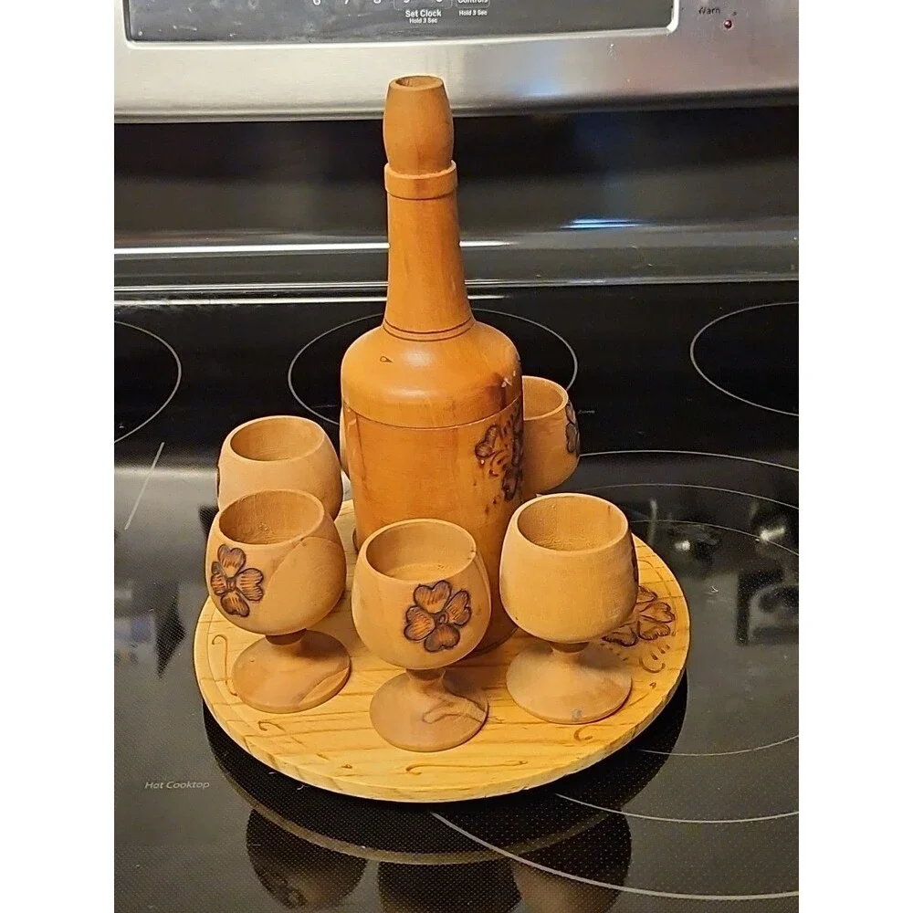 Vintage Burnt Wooden Pyrography Folk Art Decanter w\ Small Platter and 6 Goblets